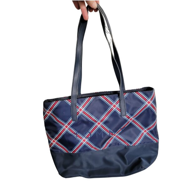 Tommy Hilfiger Handbags - Tommy Hilfiger Mariana II Plaid Print Tote Bag features a navy blue plaid design